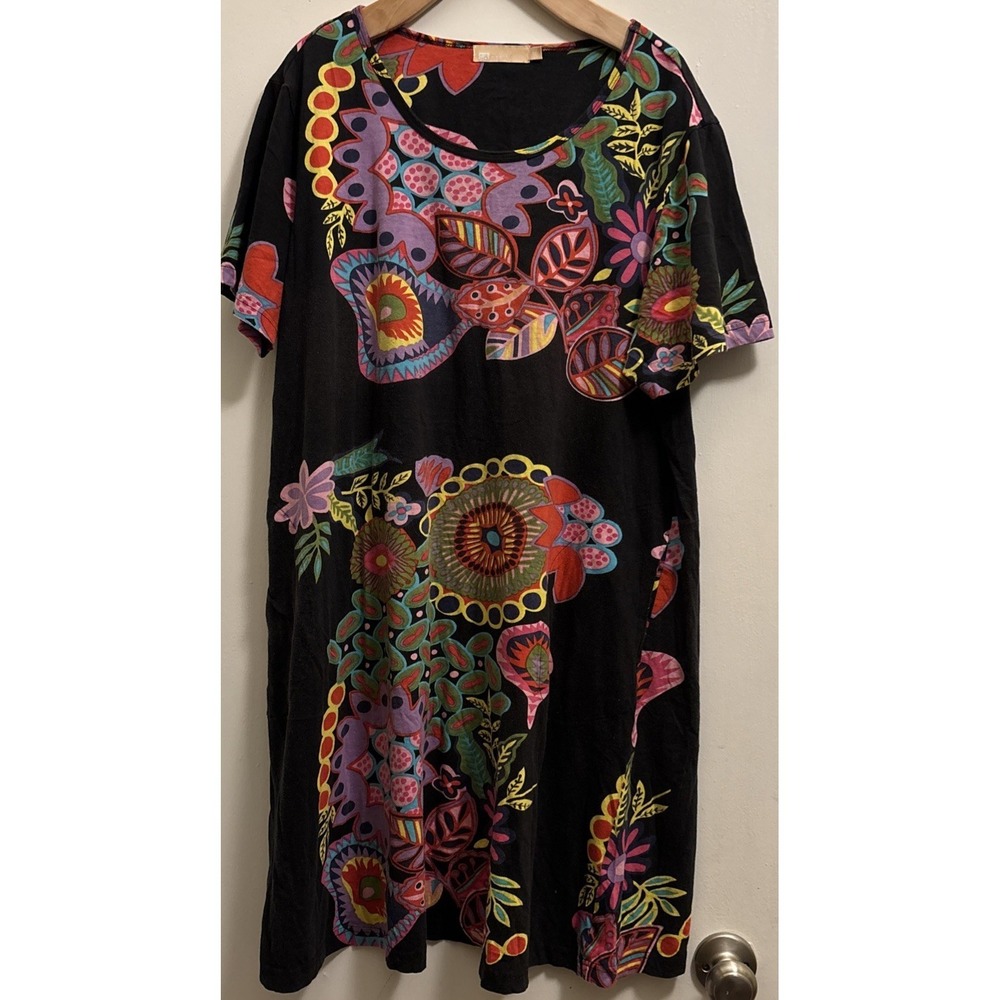 La Cera Novelty  Floral Print Short Sleeve A Line Dress Sz 1x 100% Cotton